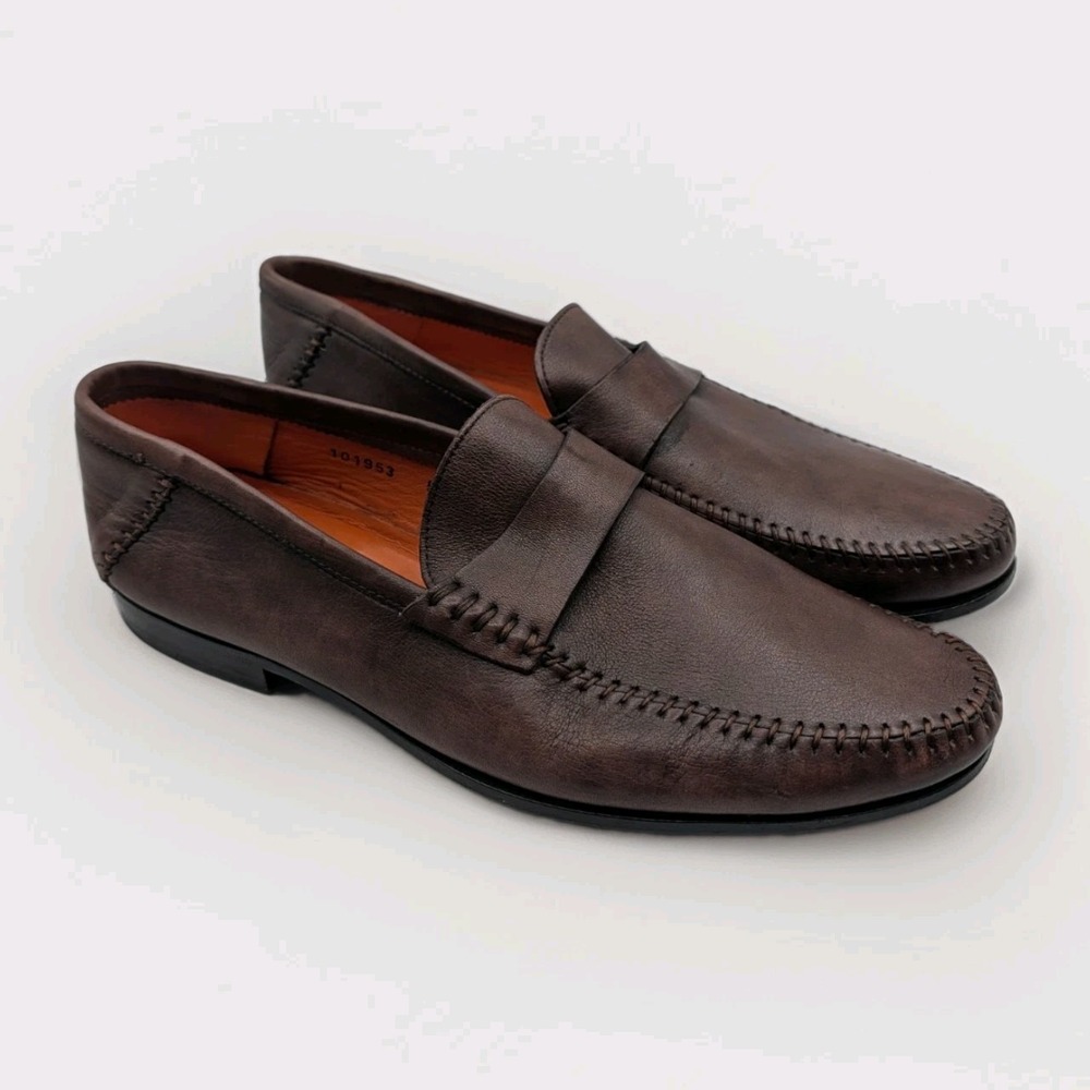 Santoni Paine Loafers Men's 9.5 D Moc Toe Whipstitched Leather Brown Made Italy